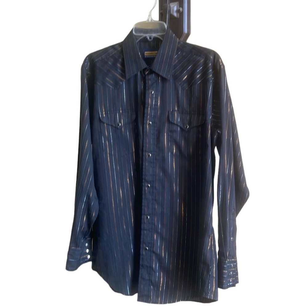 Panhandle Slim Pearl Snap Black With Gold Threading Long Sleeve Shirt Size 16-35